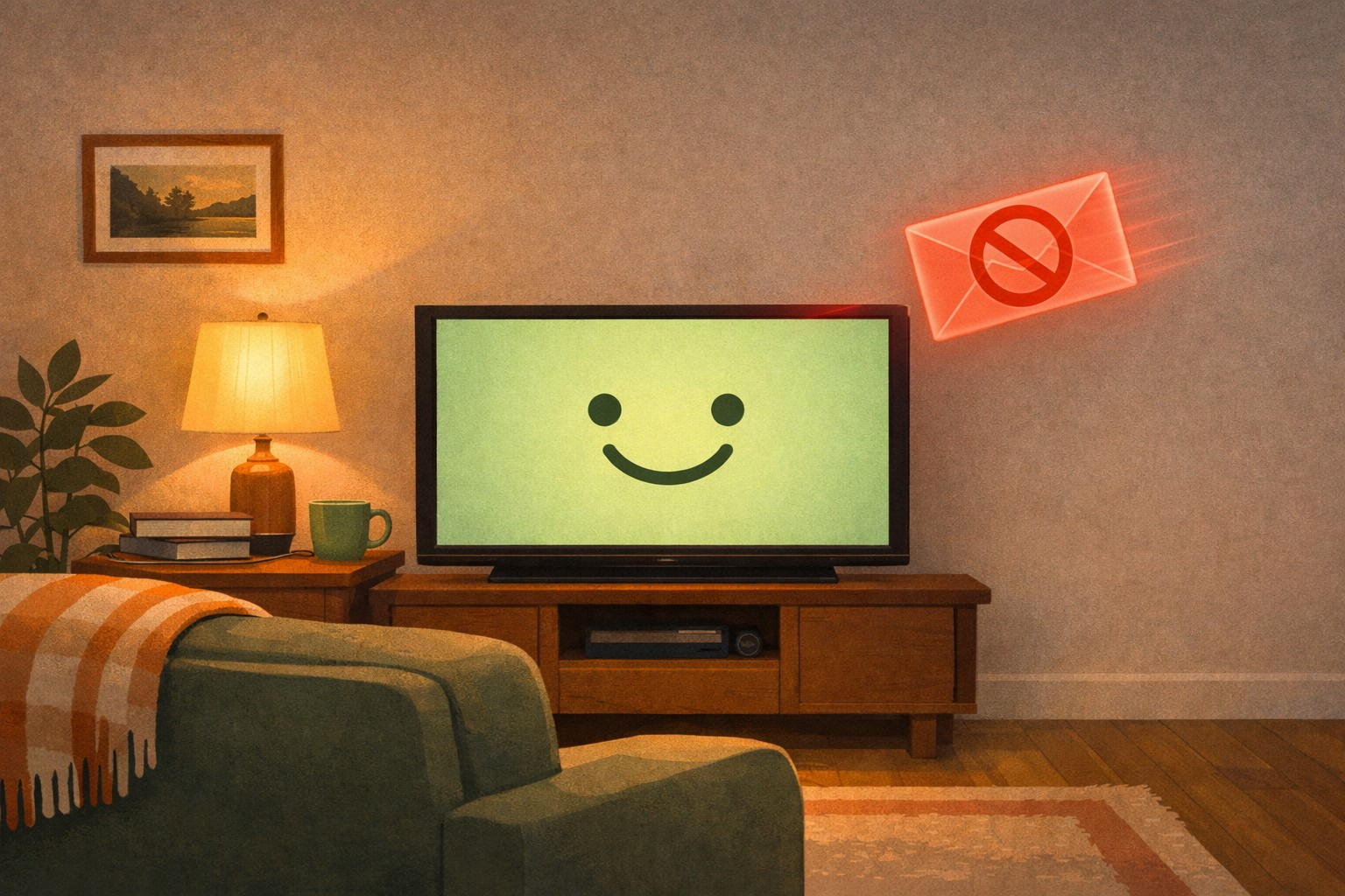 A living room ready for a cozy night in, watching a favorite TV show while under a warm blanket on the couch. The TV is (metaphorically) happy to play along for now — but an incoming access-denied message is moments away from changing that!