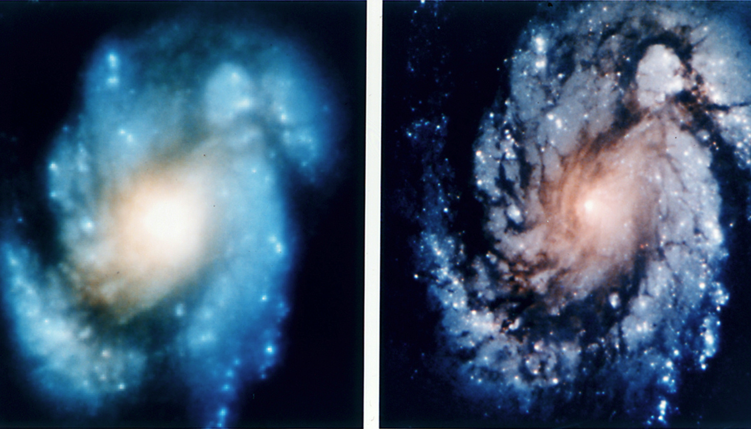 A blurry photo of a galaxy, with a bright blob in the middle surrounded by fuzzy swirling clouds of gas. Next to it, a crisp and sharp image of the same galaxy, showing many dots of light and and individual clouds where previously there was just a blur of color.