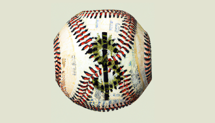 Moneyball: a baseball made from a currency collage, with a large dollar sign inked on the side facing the camera.