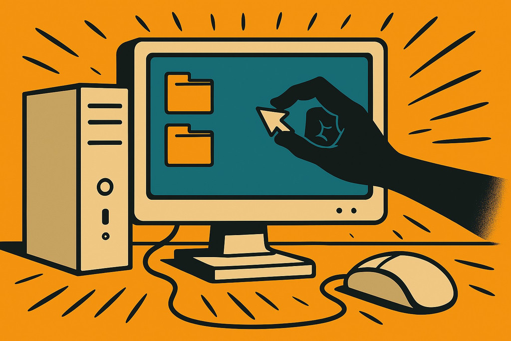 A cartoonish computer sitting on a desk, with a desktop view displayed on the screen. A shady hand breaks the fourth wall, reaching directly into the computer screen to grab and control the mouse pointer.