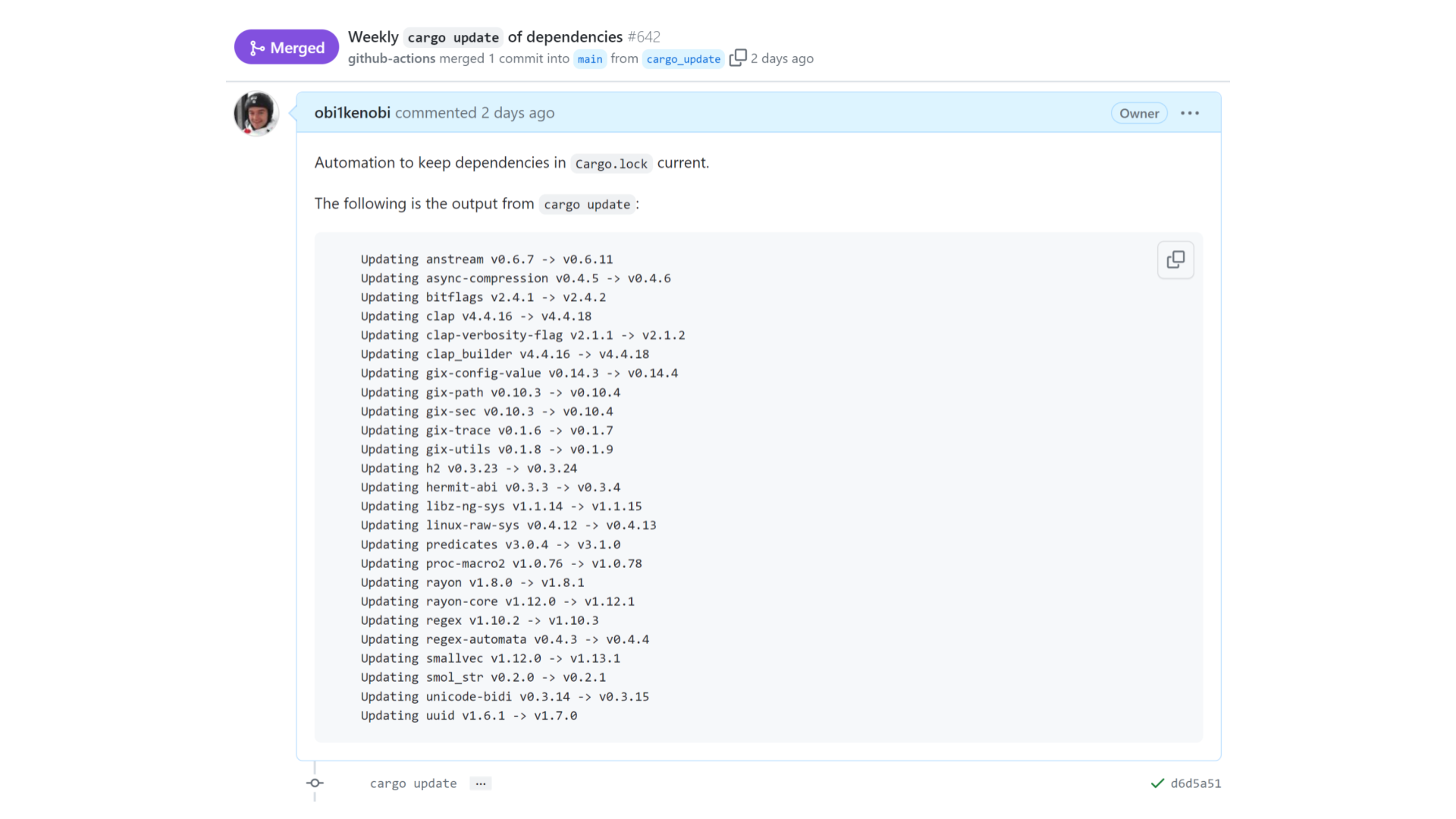 GitHub pull request with description: "Automation to keep dependencies in Cargo.lock current. The following is the output from "cargo update", followed by 25 libraries being bumped to new non-major versions. The pull request has passed tests and is merged.