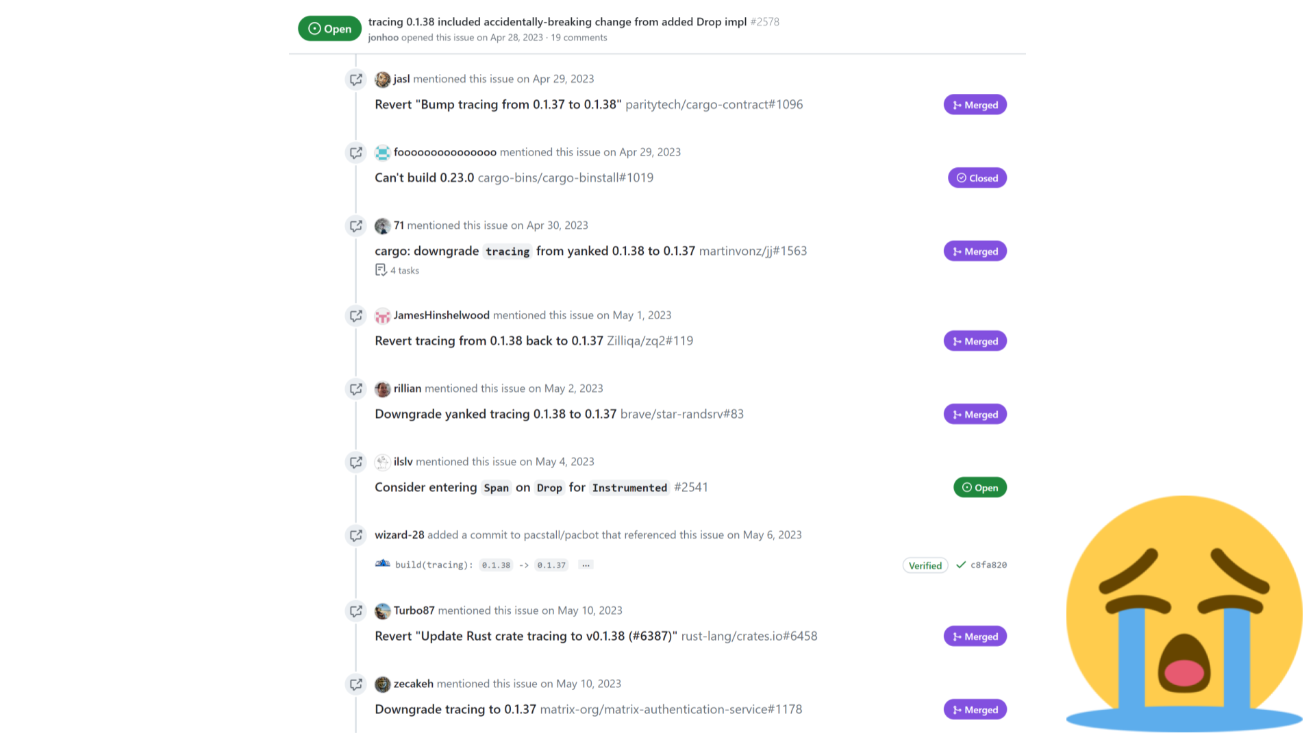 A large sobbing emoji next to the activity log on a GitHub issue about an accidental breaking change. The activity log shows that dozens of people had to make changes to their own projects to rectify the breakage. Items in the activity log have titles like "Can't build 0.23.0" or "Revert tracing from 0.1.38 back to 0.1.37." The screenshot shows ten such items, and UI elements indicate the activity log continues past the bottom edge of the screenshot.