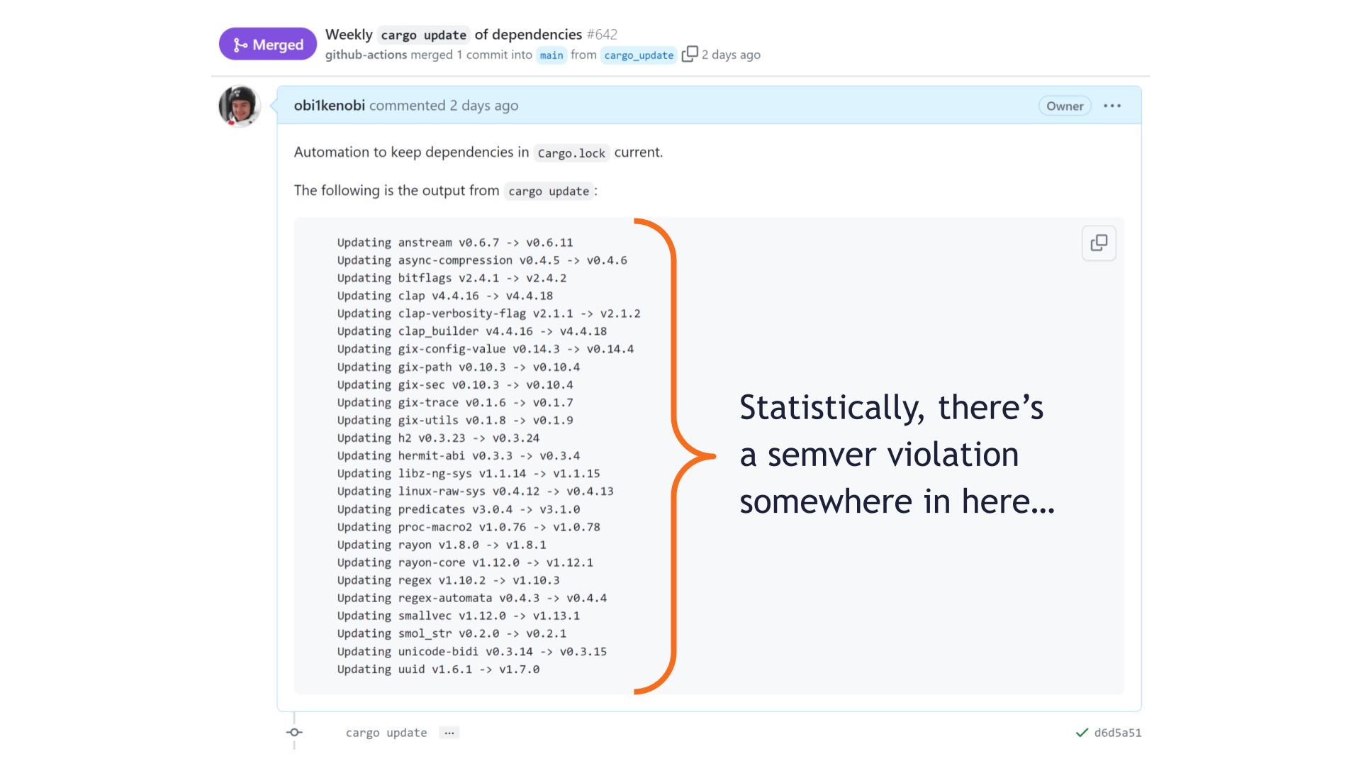 The pull request automatically updating dependencies from earlier in the presentation. An arrow next to the 25 upgraded dependency versions points to the text: "Statistically, there's a SemVer violation somewhere in here..."