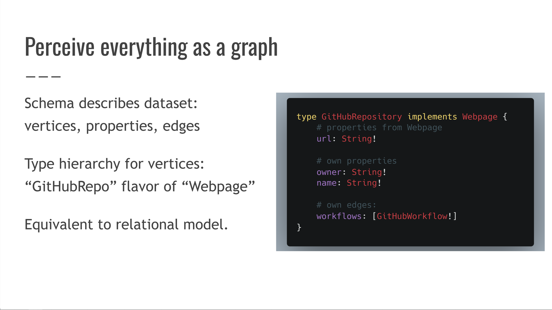 Perceive everything as a graph. A schema describes the dataset: vertices, properties, edges. Vertices have a type hierarchy: "GitHubRepository" is a flavor of "Webpage". This is equivalent to the relational model. A code example shows the definition of the "GitHubRepository" vertex type, defining it as implementing the "Webpage interface, with properties "url, owner, name" all of type non-nullable String, and edge "workflows" that points to zero, one, or more "GitHubWorkflow" neighboring vertices. The "url" property comes from the "Webpage" interface, and the "owner" and "name" properties are own properties of the GitHubRepository vertex type.