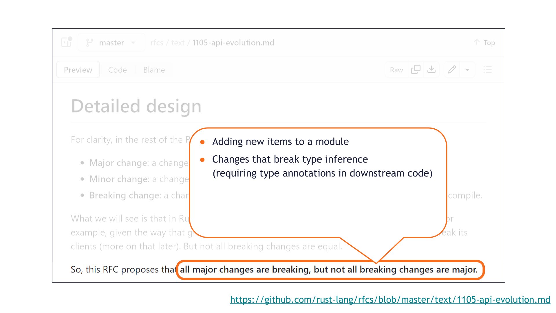 The same API evolution RFC slide as before, with a text bubble showing examples of breaking changes that are not major. There's room for four bullet points in the bubble, but only two bullet points are shown at the moment: "adding new items to a module" and "changes that break type inference, requiring type annotations in downstream code."