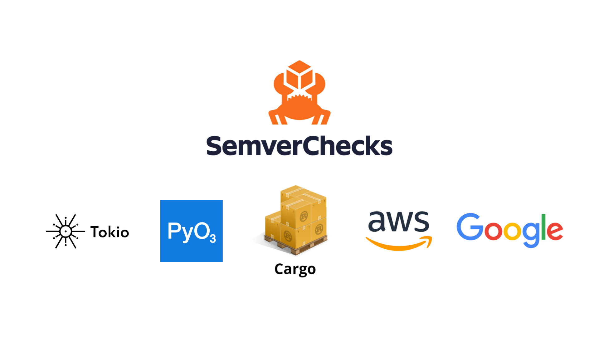 The cargo-semver-checks logo, joined by the logos of the tokio and PyO3 projects, the cargo tool's logo, and the logos of Amazon AWS and Google.