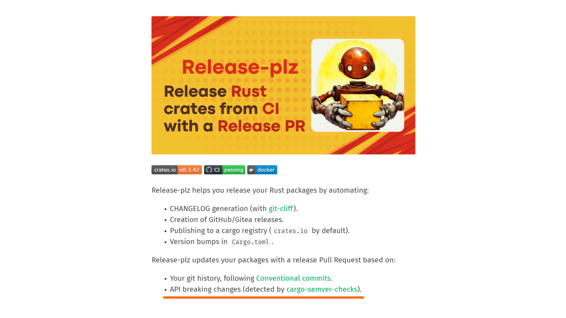 Screenshot from the README of the "release-plz" release manager for Rust. It shows capabilities like automatic changelog generation with git-cliff, version bumps in Cargo.toml, and automatic scanning for API breaking changes with cargo-semver-checks.