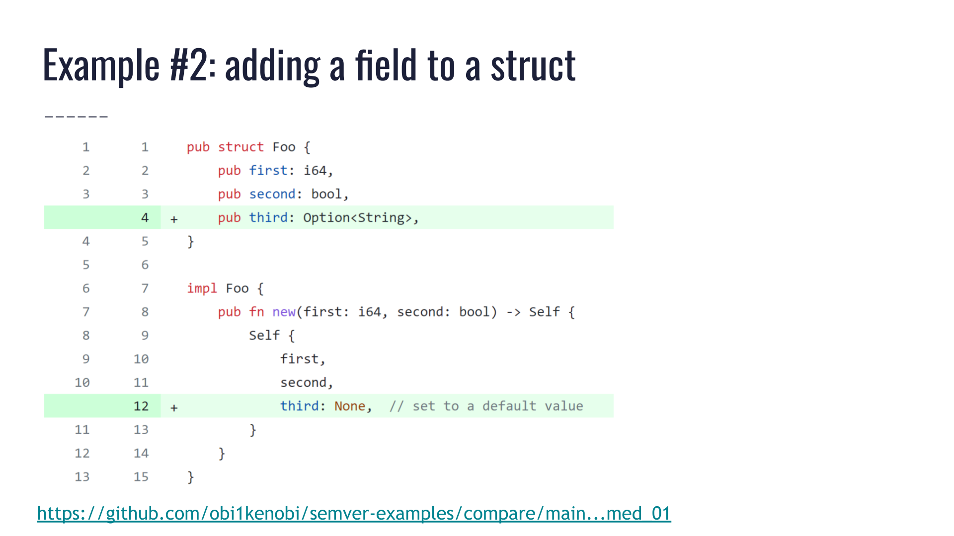 GitHub pull request showing a `pub struct Foo` with two existing public fields called `first` and `second`, and a new public field `third` of type `Option<String>` being added as part of the pull request. The struct has a public constructor `Foo::new()`, and this pull request does not modify its function signature. Instead, it ensures that the created struct sets the new `third` field to a default value of `None`.
