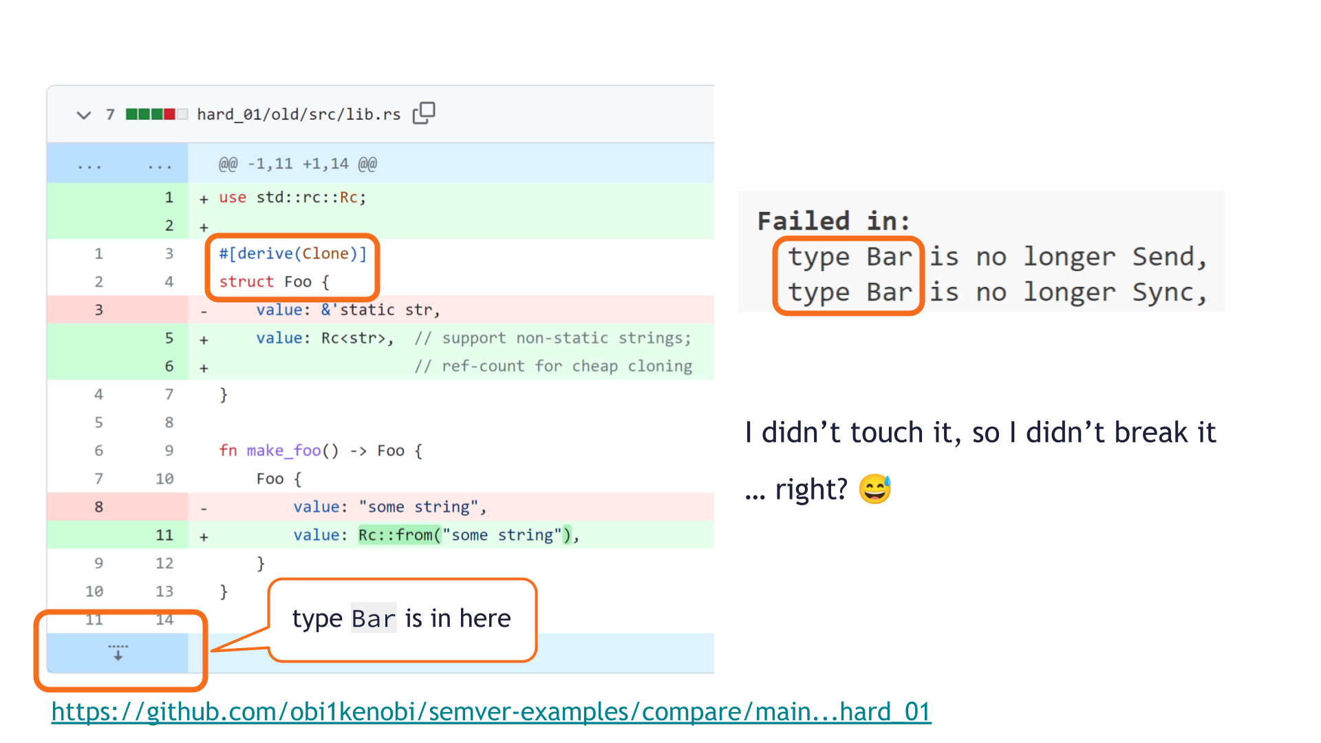 GitHub pull request UI and cargo-semver-checks output laid out side by side. The pull request UI shows the only changes are in `struct Foo`, while cargo-semver-checks mentions a breaking change in type `Bar`. An annotation saying `type Bar is in here` sits on top of the pull request UI, pointing to a clickable UI element used to display the rest of the file — which was hidden by default since it wasn't modified.
