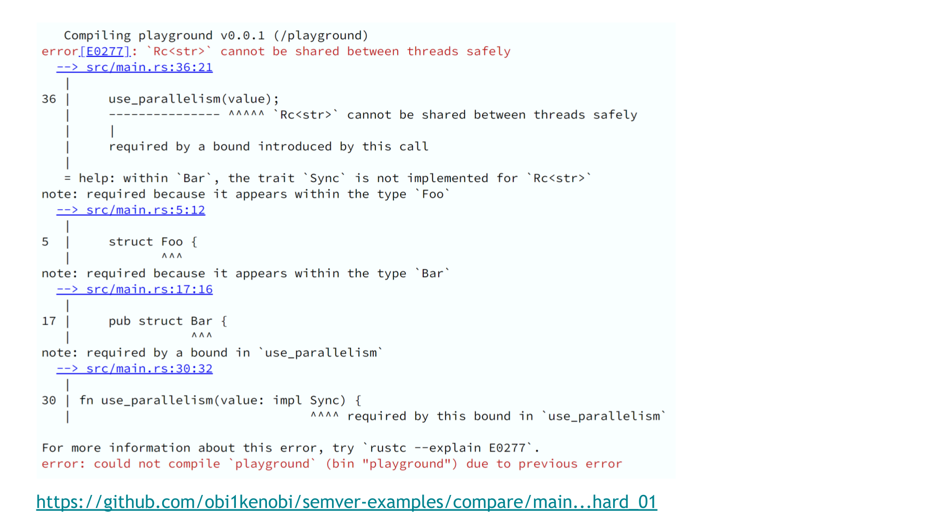 Rust playground output showing a compilation error: `Rc<str>` cannot be shared between threads safely. The error occurs at the point where a function called `use_parallelism()` attempts to use a value of type `Bar` while requiring it to implement the `Sync` trait. The `Bar` value does not implement the trait `Sync`. The compiler helpfully points out that `Bar` is not `Sync` because its contained `Foo` is not `Sync`, whose contained `Rc<str>` in turn is the underlying source of the problem.