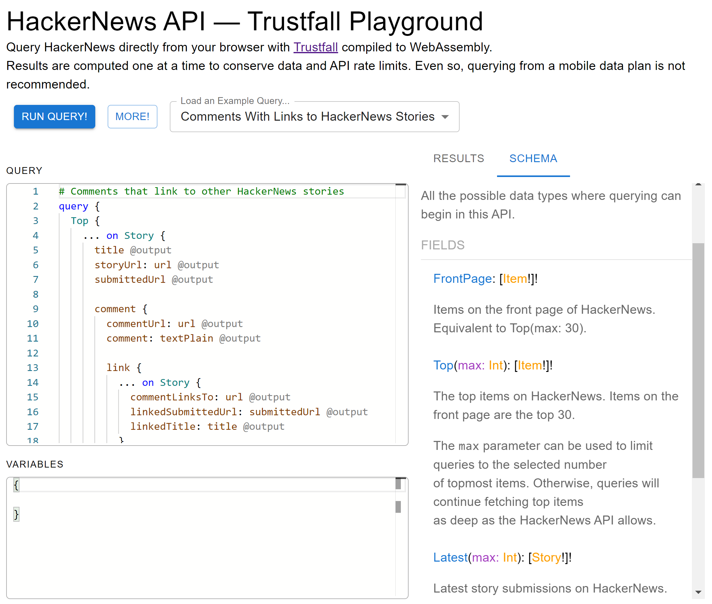 The Trustfall Playground website's page on querying HackerNews APIs, showing an example query titled "Comments With Links to HackerNews Stories." The schema pane is open and shows documentation about fields available to query, like "FrontPage," "Top," and "Latest."