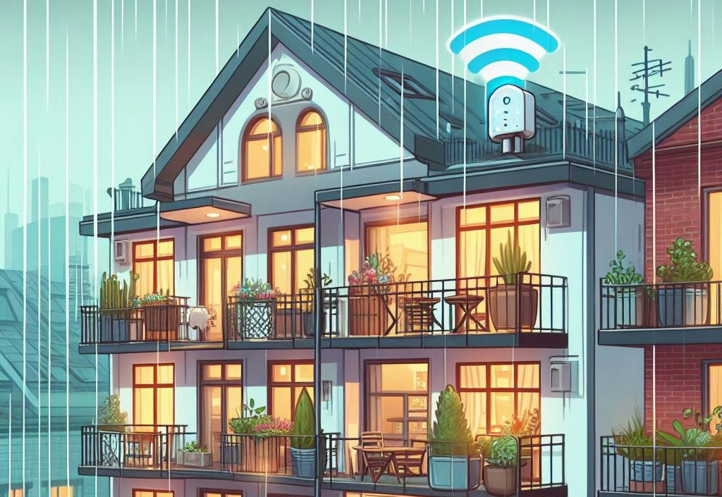 Illustration of a Wi-Fi antenna attached to the exterior of an upper floor of an apartment building. It's currently raining, and the Wi-Fi is working flawlessly.